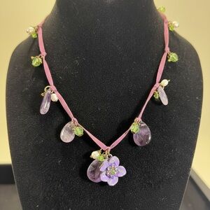 JS marked Purple Pansy Enameled Floral Choker Necklace Leather